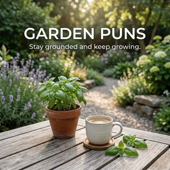 Garden Puns You Didn’t Know You Needed shown in a vibrant outdoor garden with realistic flowers, potted plants, a watering can, and gardening tools.