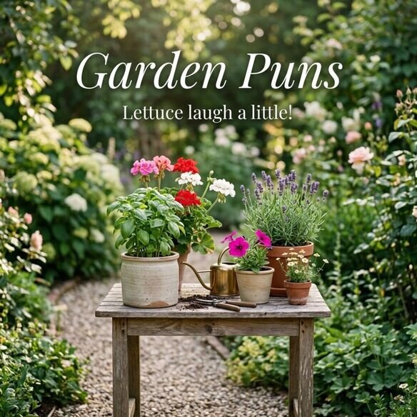 Funny Garden Puns caption featuring colorful flowers and a realistic garden scene with the humorous saying “Lettuce laugh a little.”
