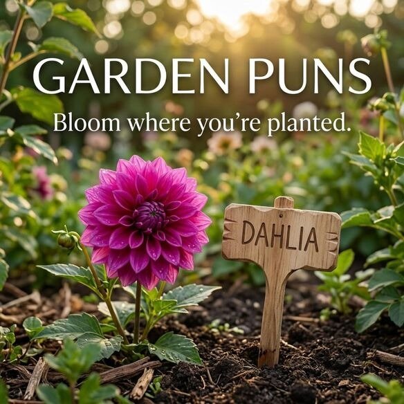 Witty Garden Puns for social media featuring a realistic blooming flower and the inspirational saying “Bloom where you’re planted.”