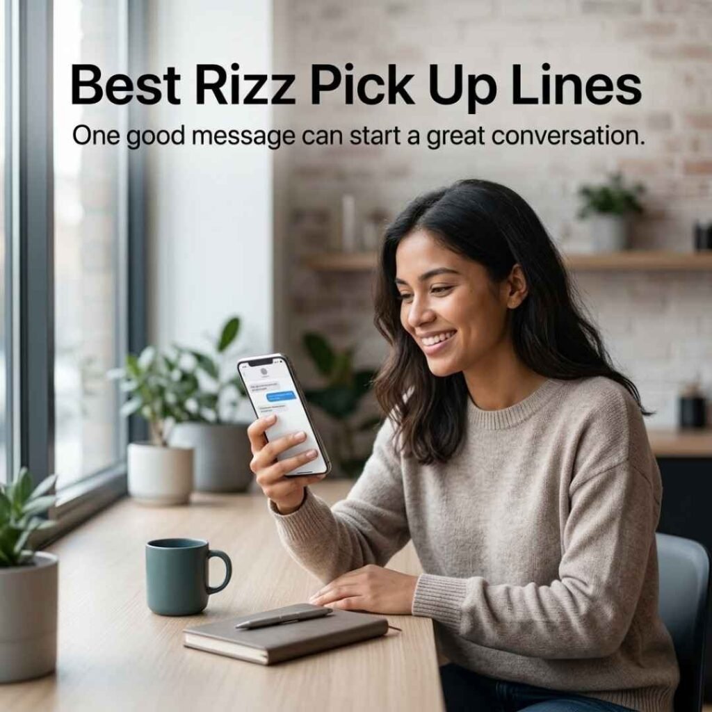 Young adult using a smartphone for friendly texting with Best Rizz Pick Up Lines and a message about starting a great conversation.