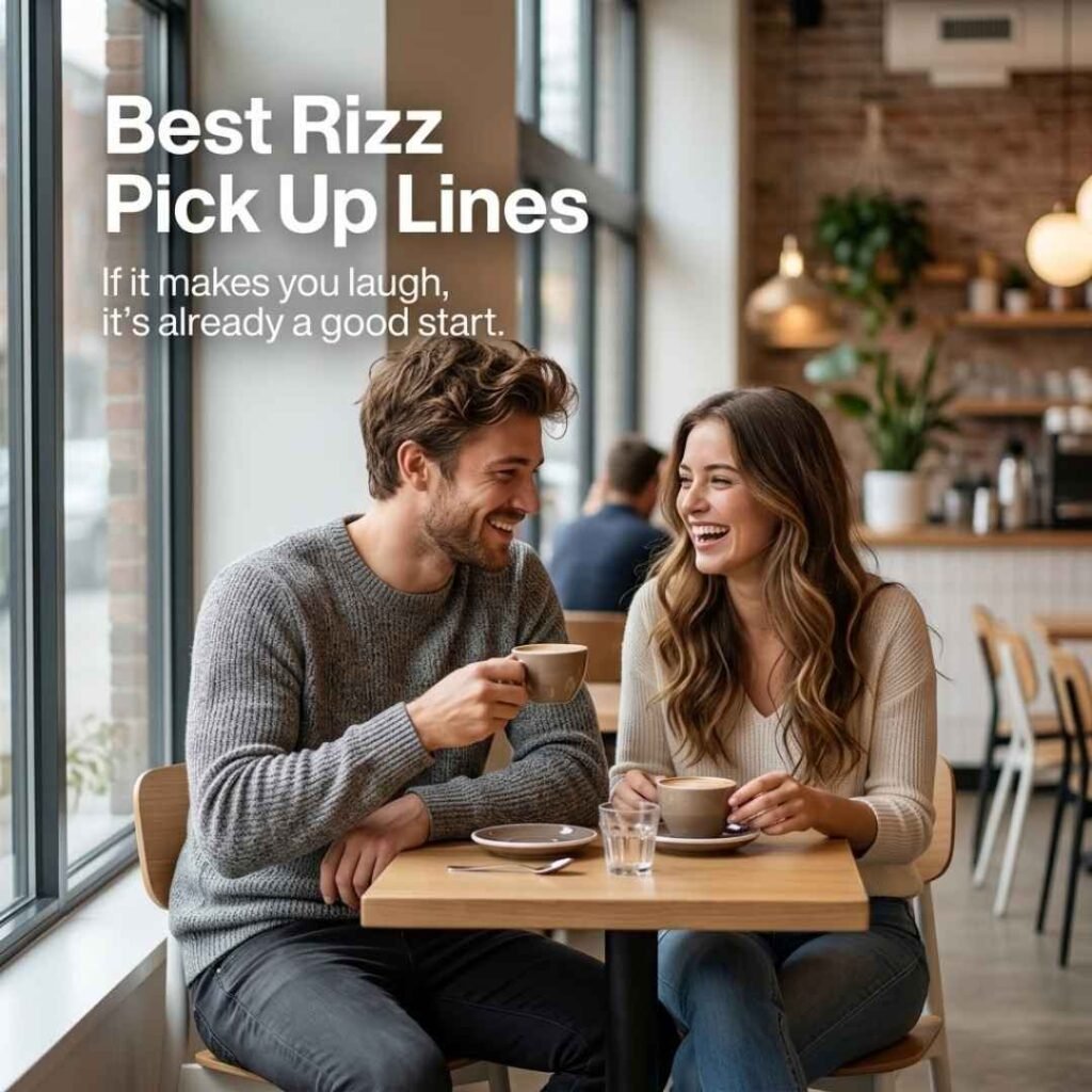 Realistic café conversation featuring two people laughing with Best Rizz Pick Up Lines text and a funny message about making someone smile.