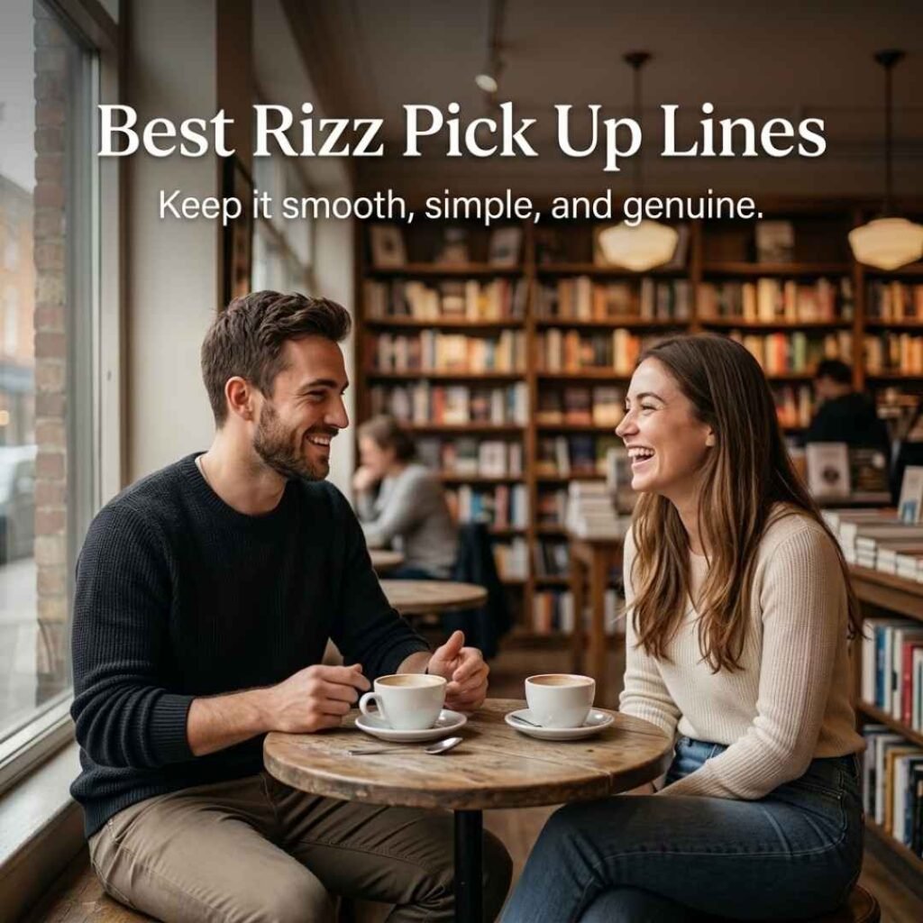 Natural bookstore café scene showing a relaxed conversation with Best Rizz Pick Up Lines and a message about keeping conversations smooth and genuine.