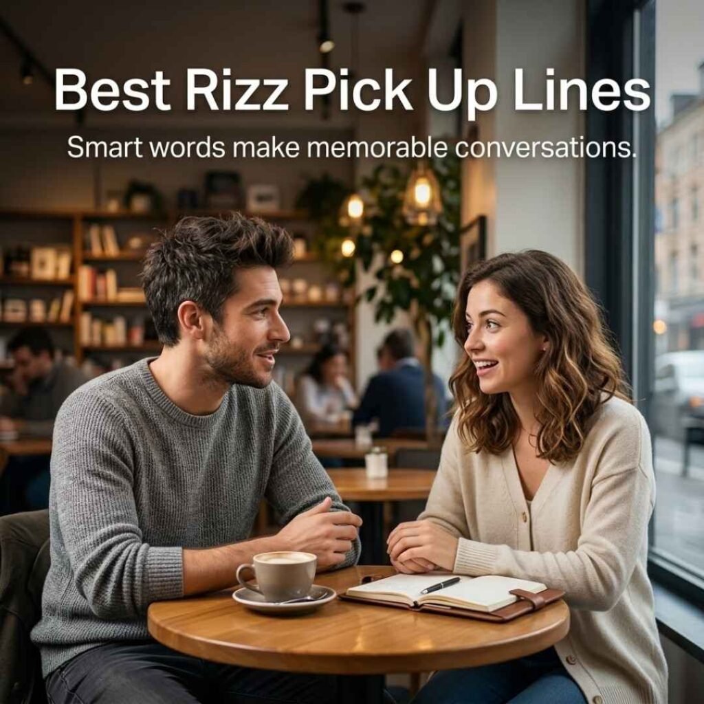 Modern café conversation featuring Best Rizz Pick Up Lines, a notebook, and a clever message about memorable conversations.
