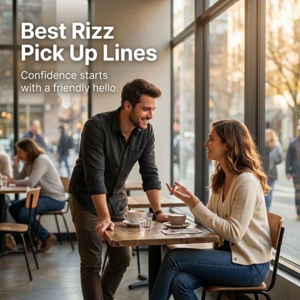 Confident café conversation with Best Rizz Pick Up Lines text and a positive message about starting conversations with confidence.