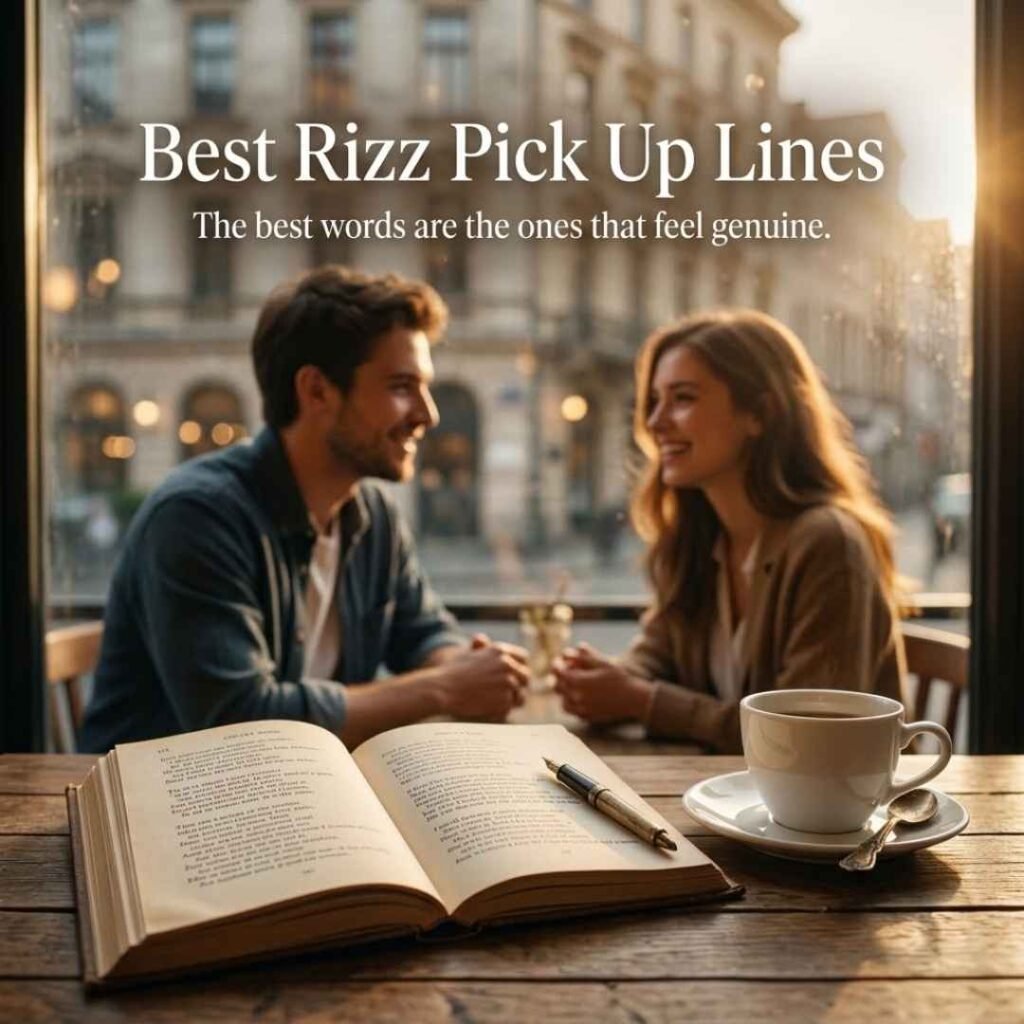 Elegant café scene with a poetry book and friendly conversation, featuring Best Rizz Pick Up Lines and a timeless message about genuine words.
