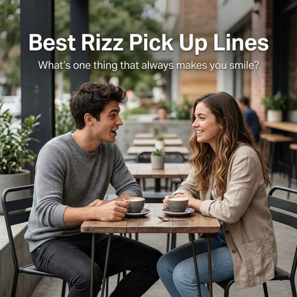 Natural outdoor café conversation featuring Best Rizz Pick Up Lines and a playful question designed to start a friendly conversation.