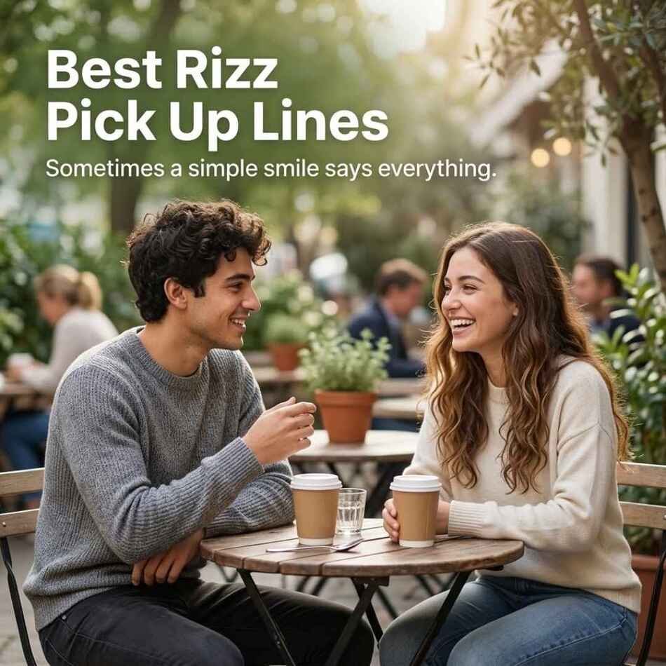 Beautiful outdoor café scene with two people smiling naturally, featuring Best Rizz Pick Up Lines and a cute message about sharing a smile.