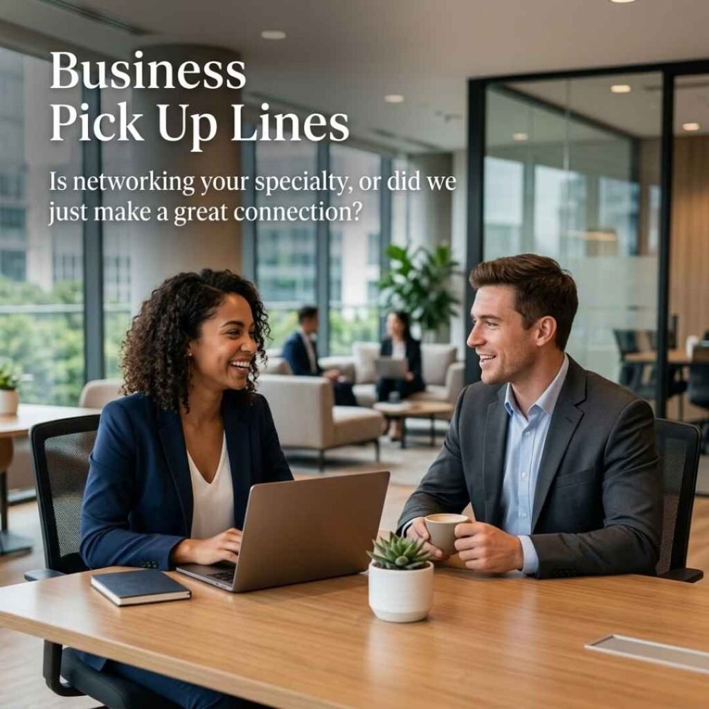 Flirty Business Pick Up Lines shown with two young professionals enjoying a friendly conversation in a modern office.