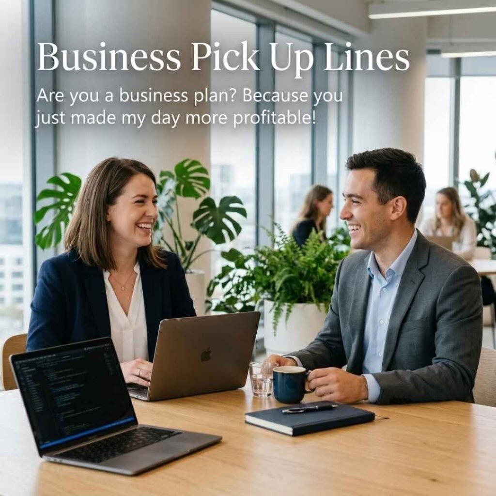 Funny Business Pick Up Lines featuring smiling business professionals sharing a humorous conversation in a modern office.