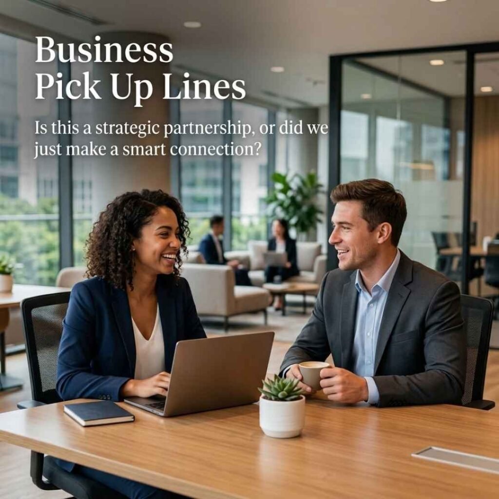 Clever Business Pick Up Lines featuring professionals making a smart connection during a modern office conversation.