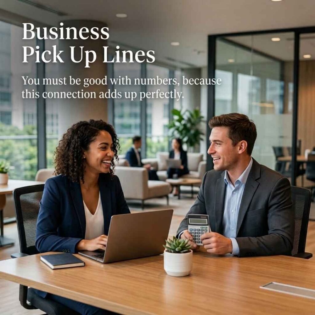 Accountant-themed Business Pick Up Lines with professionals discussing numbers and business in a bright modern office.