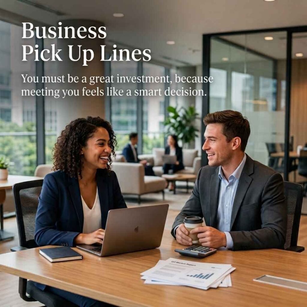 Finance-themed Business Pick Up Lines featuring two professionals having a natural conversation in a modern financial office.