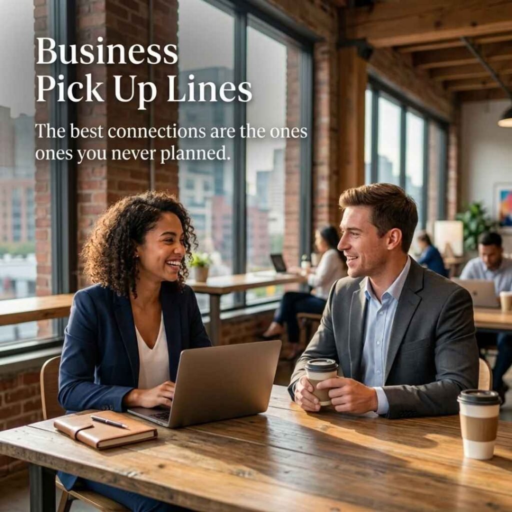 Best Business Pick Up Lines featuring two professionals building a natural connection during a casual business meeting.
