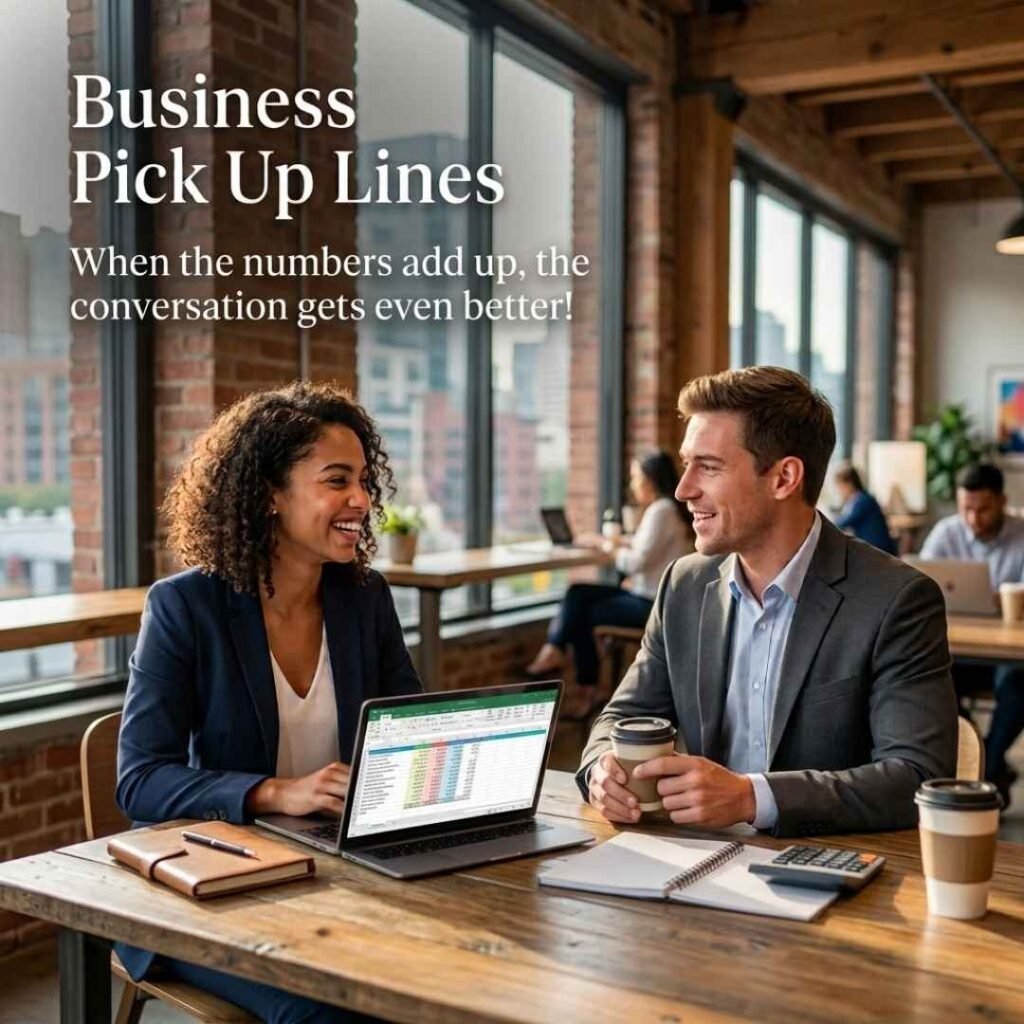 Make accounting fun with Business Pick Up Lines featuring accountants smiling over a spreadsheet in a modern office.