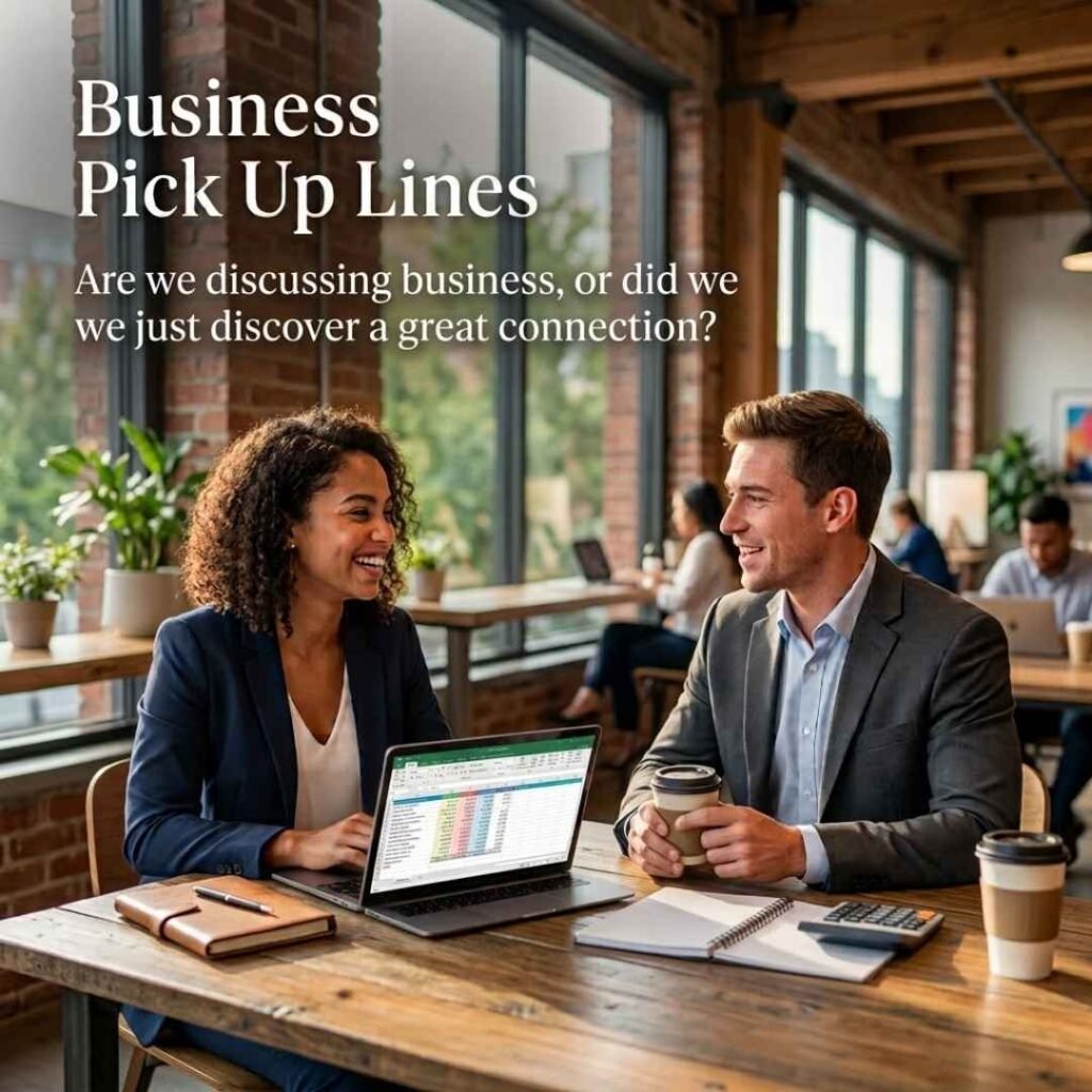 Business one-liner Business Pick Up Lines showing two professionals having a friendly conversation in a modern workspace.