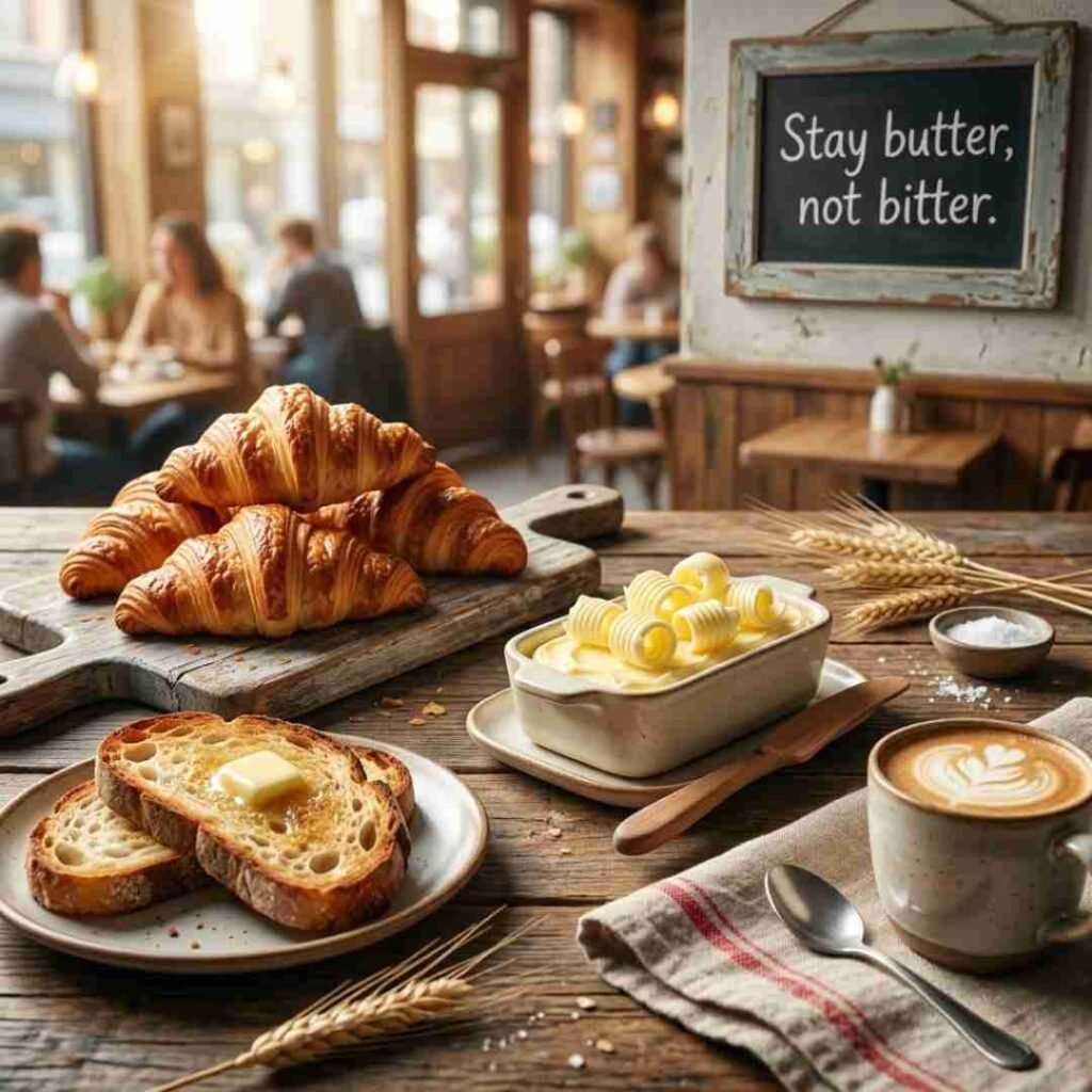 Short Butter Puns image showing buttery croissants, fresh butter curls, warm toast, and a witty butter quote in premium realistic breakfast photography.