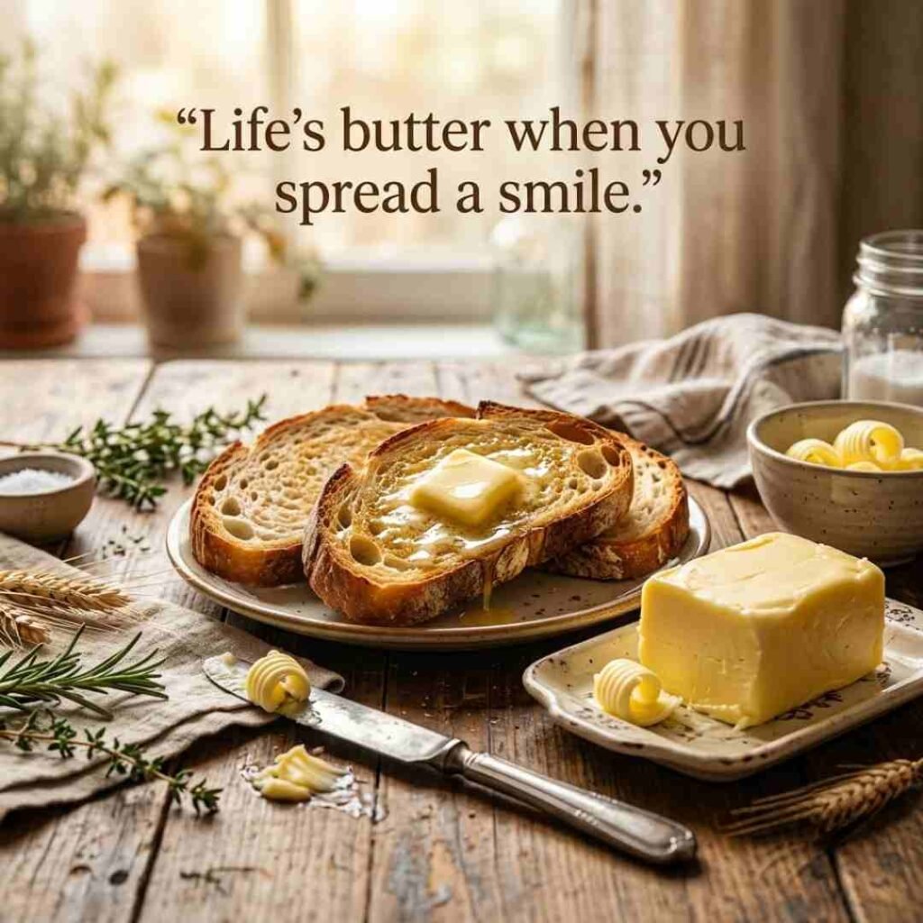 Butter Puns One Liners image featuring realistic melting butter on artisan toast with a funny butter quote, premium breakfast photography, warm morning lighting, and rustic kitchen styling.