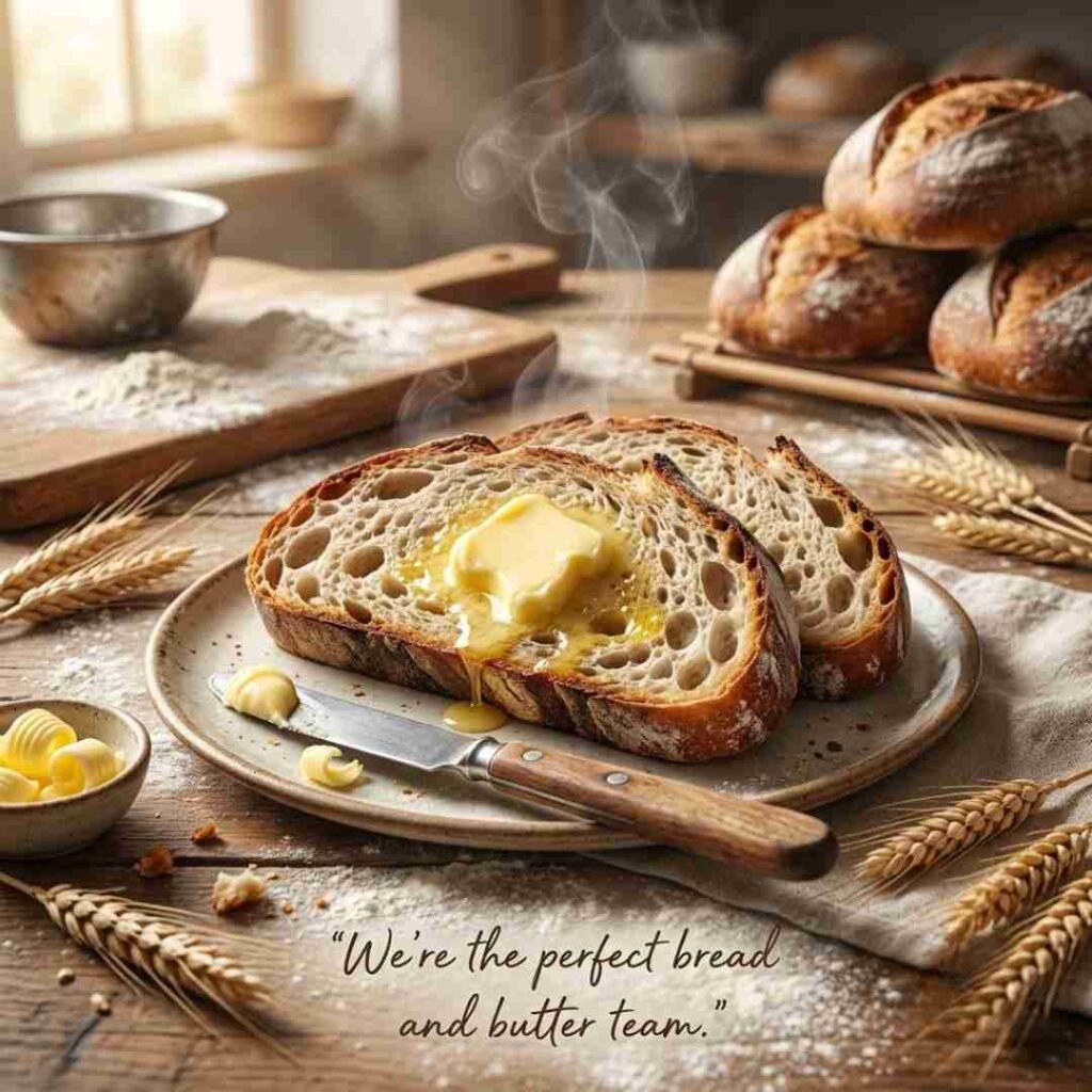 Bread And Butter Puns image featuring freshly baked bread with melting butter and a funny bakery quote in realistic professional food photography.