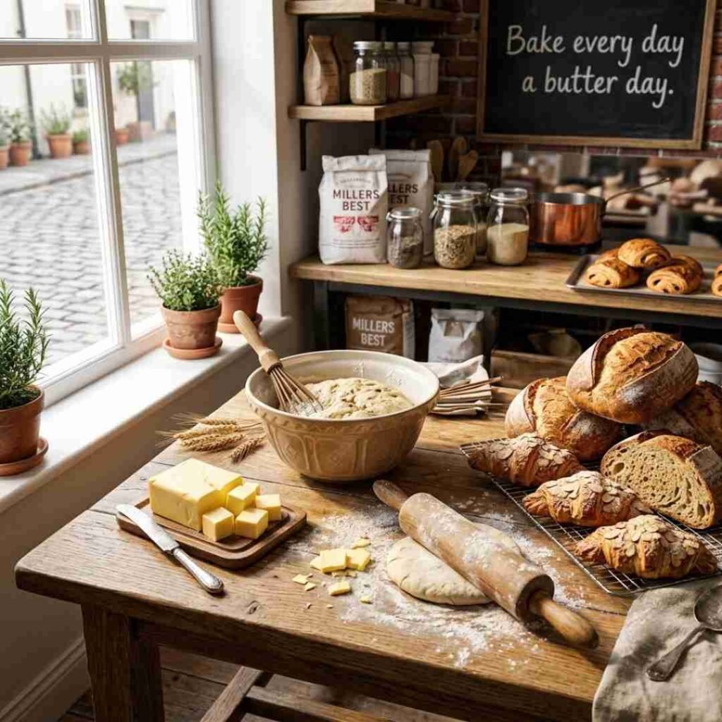 Butter Puns for Bakers image featuring realistic bakery tools, buttery pastries, fresh dough, and a humorous baking quote with premium food photography.