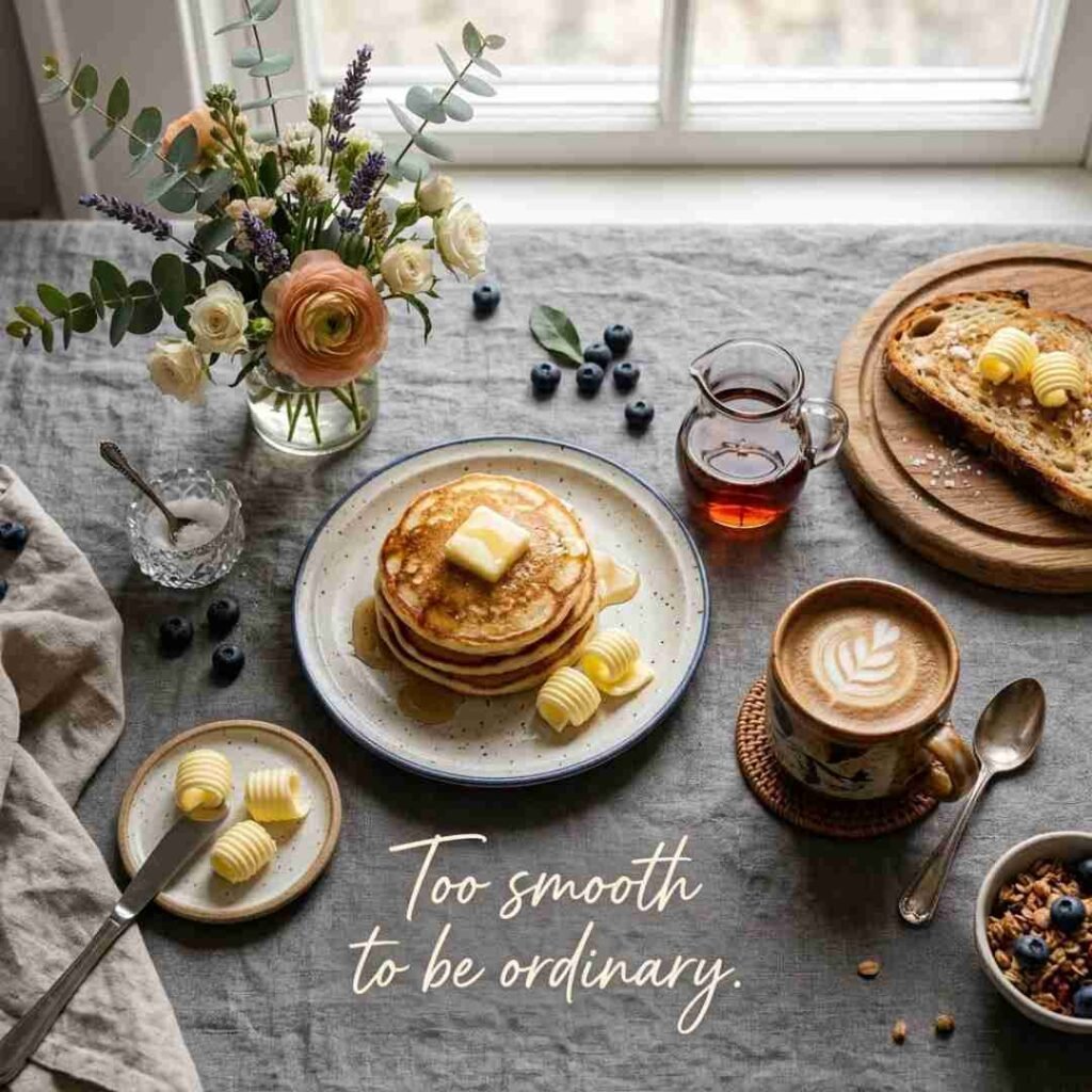 Clever Butter Puns for Instagram image featuring stylish breakfast flat lay with pancakes, butter curls, coffee, and an Instagram-ready butter quote.
