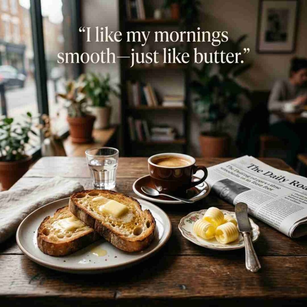 Butter Jokes One Liners For Adults image showing gourmet buttered toast, coffee, elegant breakfast setting, and a clean humorous butter quote.