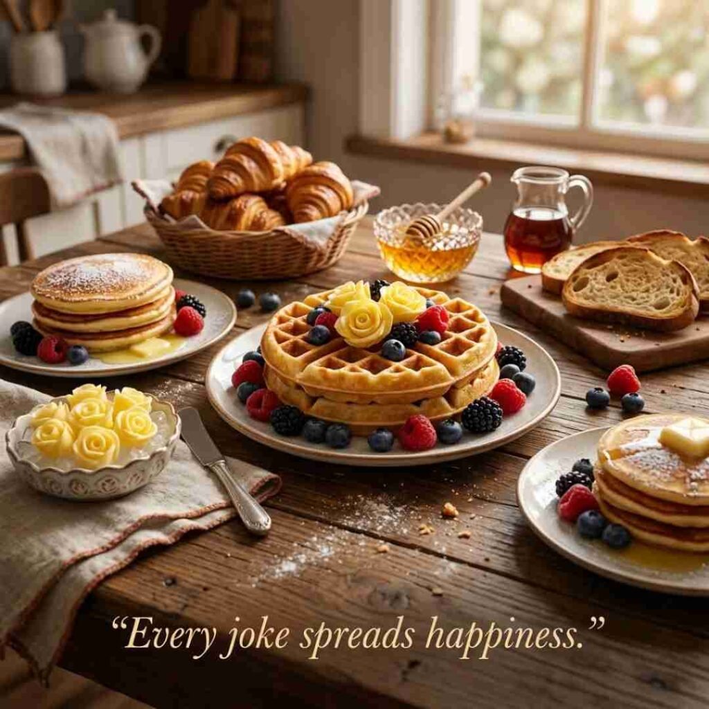 Best Butter-Themed Wordplay Jokes image featuring buttery breakfast foods, realistic food styling, premium lighting, and a cheerful butter joke quote.