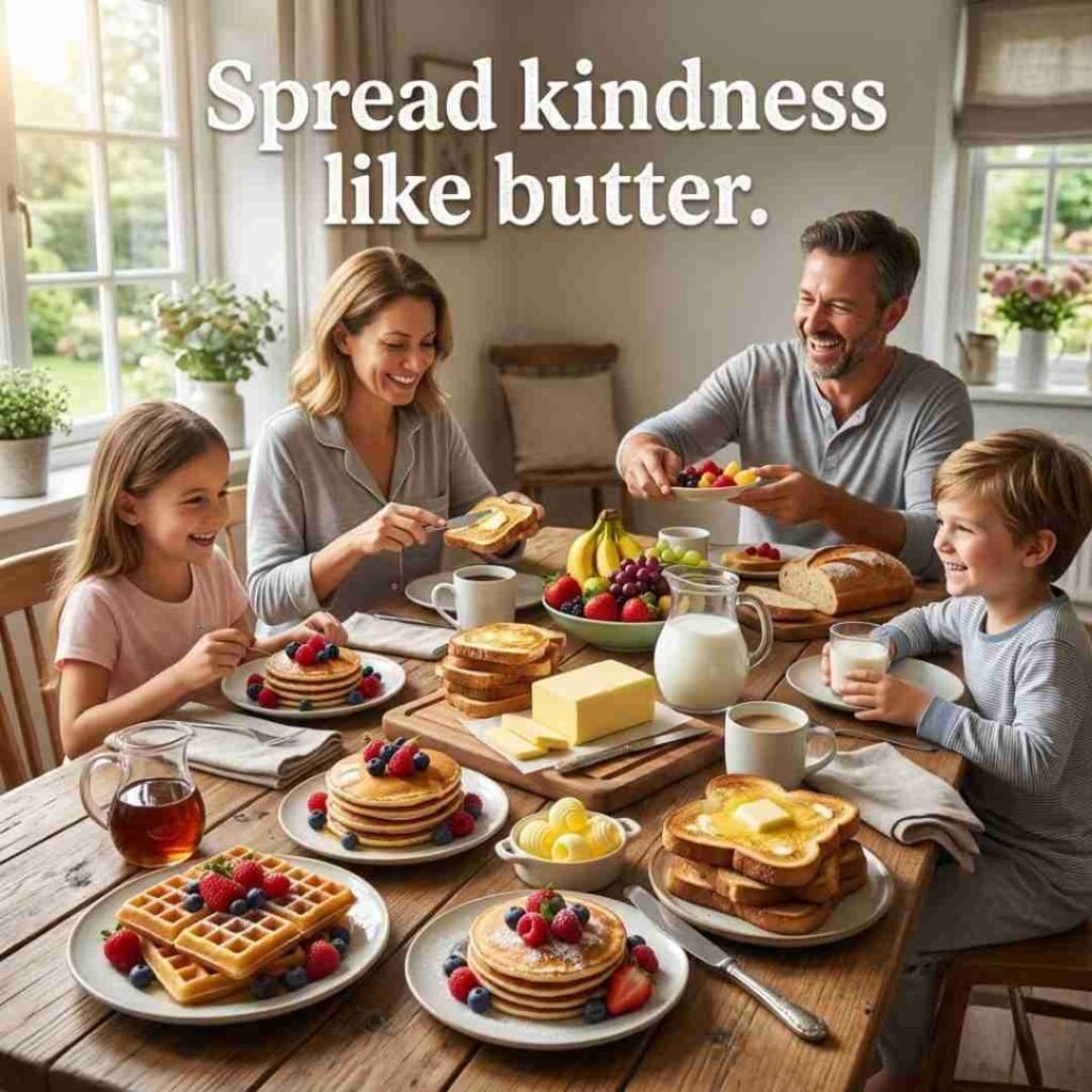 Clean and Family-Friendly Butter Jokes image showing realistic family breakfast with buttered toast, pancakes, fresh fruit, and an uplifting butter quote.