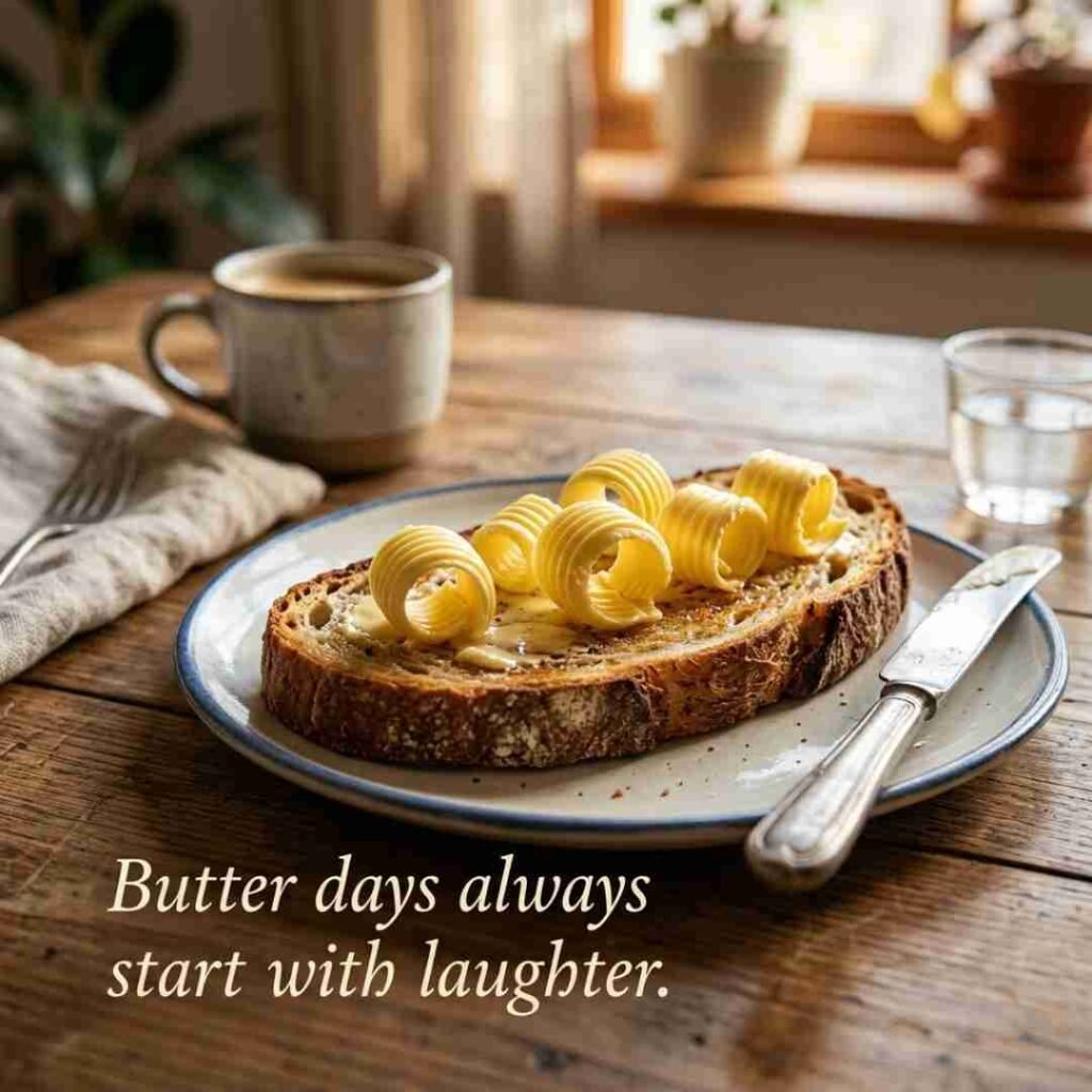 Punny Butter Quotes image featuring realistic butter curls on warm toast with a funny butter quote, premium breakfast styling, and cinematic food photography.