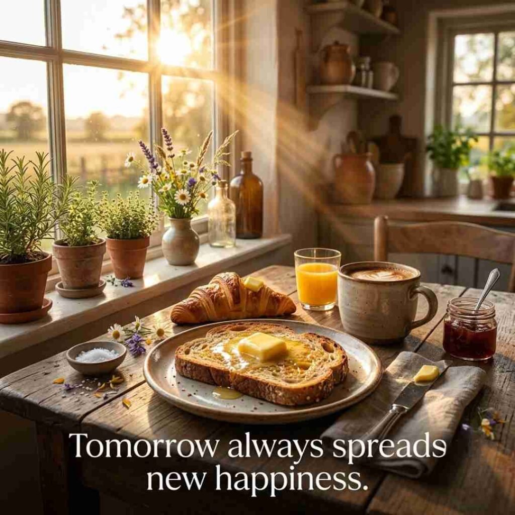 A Butter Tomorrow Butter Puns image featuring realistic sunrise breakfast with melting butter on toast, fresh croissants, warm coffee, and an inspirational butter message in premium food photography.