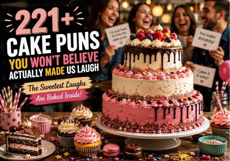 221+ Cake Puns You Won't Believe Actually Made Us Laugh, showing a realistic celebration cake surrounded by cupcakes, sprinkles, and party decorations in a professional bakery-style setting, designed to highlight funny cake puns with vibrant colors
