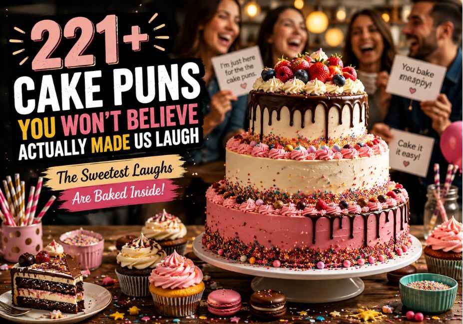 221+ Cake Puns You Won't Believe Actually Made Us Laugh, showing a realistic celebration cake surrounded by cupcakes, sprinkles, and party decorations in a professional bakery-style setting, designed to highlight funny cake puns with vibrant colors