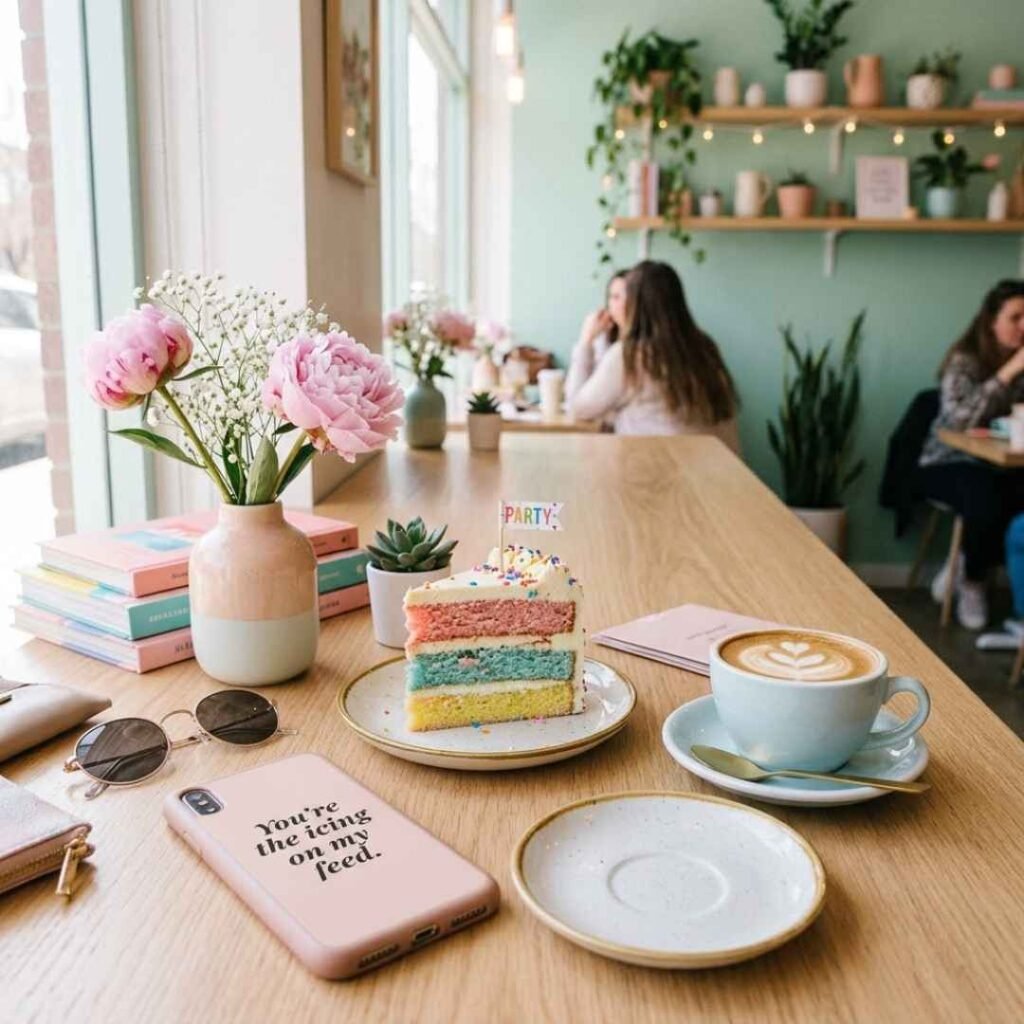 Funny cake puns for Instagram image showing a stylish cake café setup with the quote "You're the icing on my feed" and social-media-inspired aesthetics.
