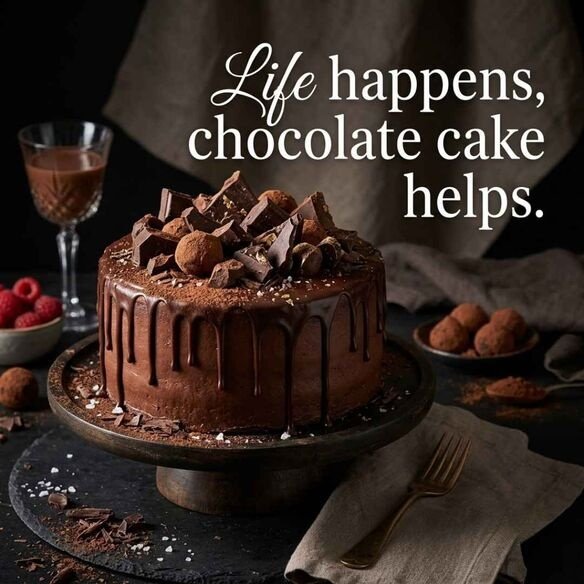Chocolate cake puns image showing a decadent chocolate cake with cocoa decorations and the quote "Life happens, chocolate cake helps."
