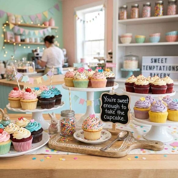 Cute cupcake puns image featuring colorful cupcakes and the quote "You're sweet enough to take the cupcake" in a cheerful bakery setting.