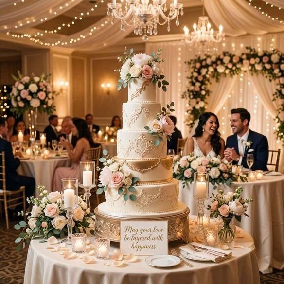 Wedding cake puns image featuring an elegant wedding cake and the message "May your love be layered with happiness" in a romantic reception setting.