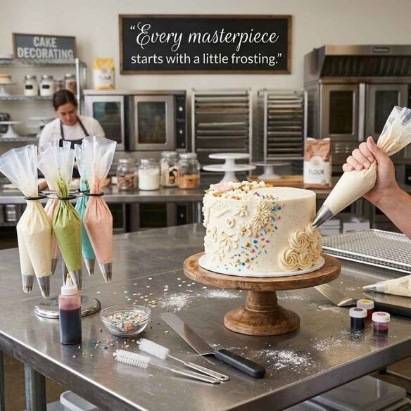 Cake decorating puns image showing decorating tools, frosting details, and the quote "Every masterpiece starts with a little frosting."