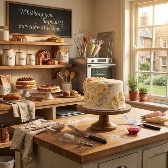 Baking puns image featuring a bakery kitchen and the quote "Whisking you happiness, one cake at a time" with fresh baked cakes.