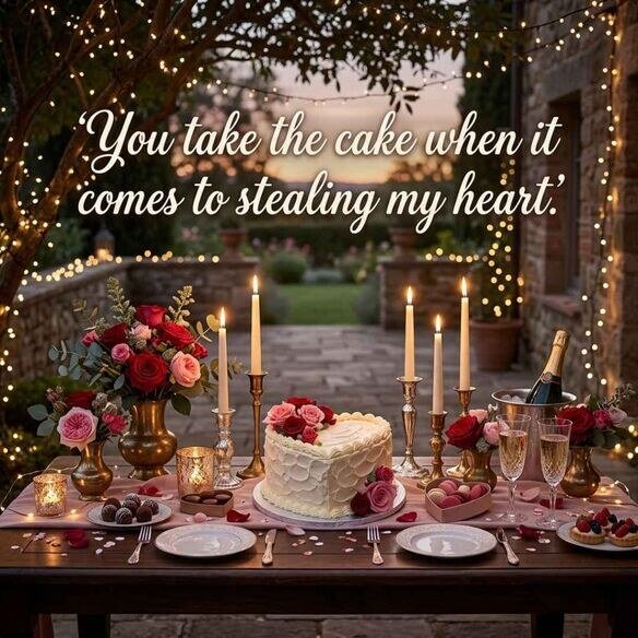 Romantic cake puns image featuring a heart-shaped cake, roses, candlelight, and the quote "You take the cake when it comes to stealing my heart."