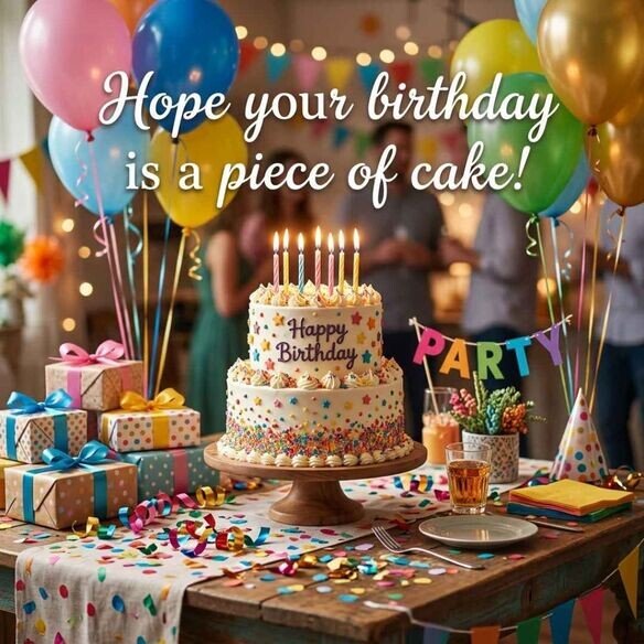 Birthday cake puns image featuring a colourful birthday cake with candles, balloons, and the quote "Hope your birthday is a piece of cake" in a festive celebration setting.