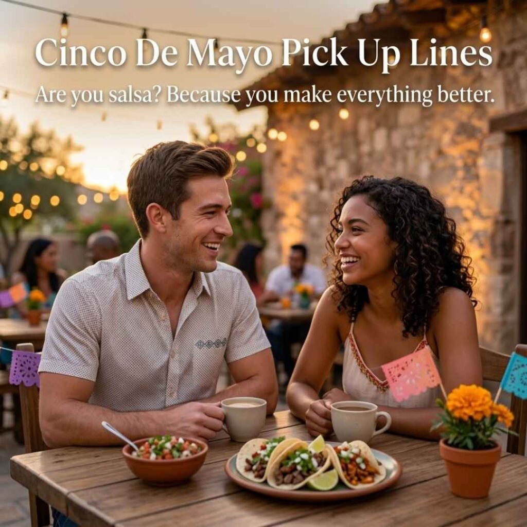 Cinco De Mayo Pick Up Lines with a smiling couple enjoying a festive café setting and a playful salsa-inspired pickup line.