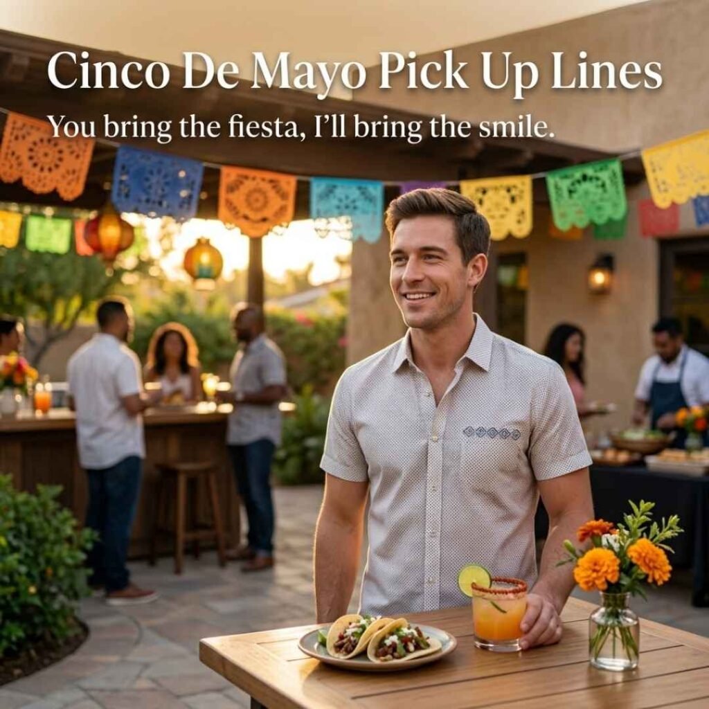 Cinco De Mayo Pick Up Lines for Him featuring a smiling man at a festive Cinco de Mayo celebration with the message “You bring the fiesta, I’ll bring the smile.”