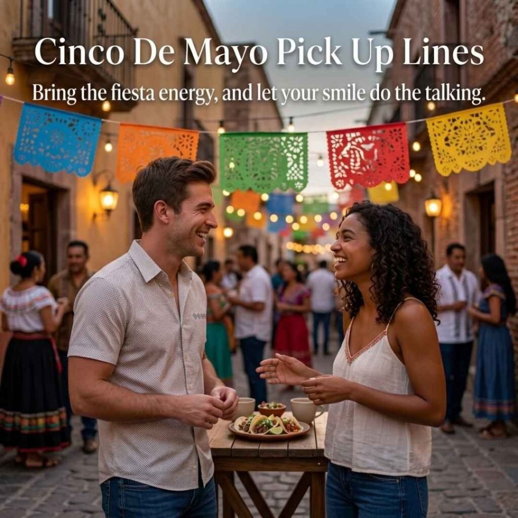 Cinco De Mayo Pick Up Lines and rizz featuring two young adults smiling at a festive celebration with a confident conversation message.