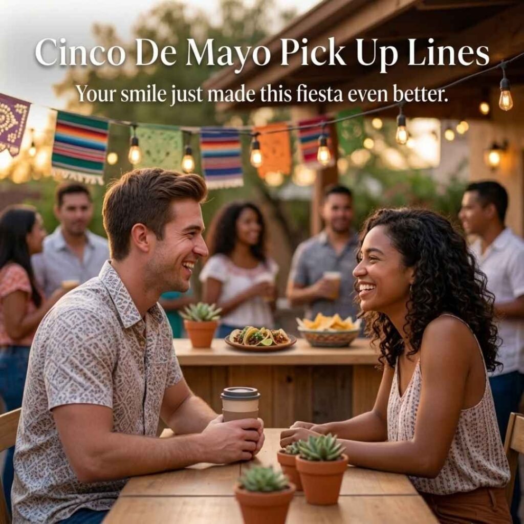 Cinco De Mayo Pick Up Lines featuring two young adults having a friendly conversation at a festive celebration with a smooth rizz message.