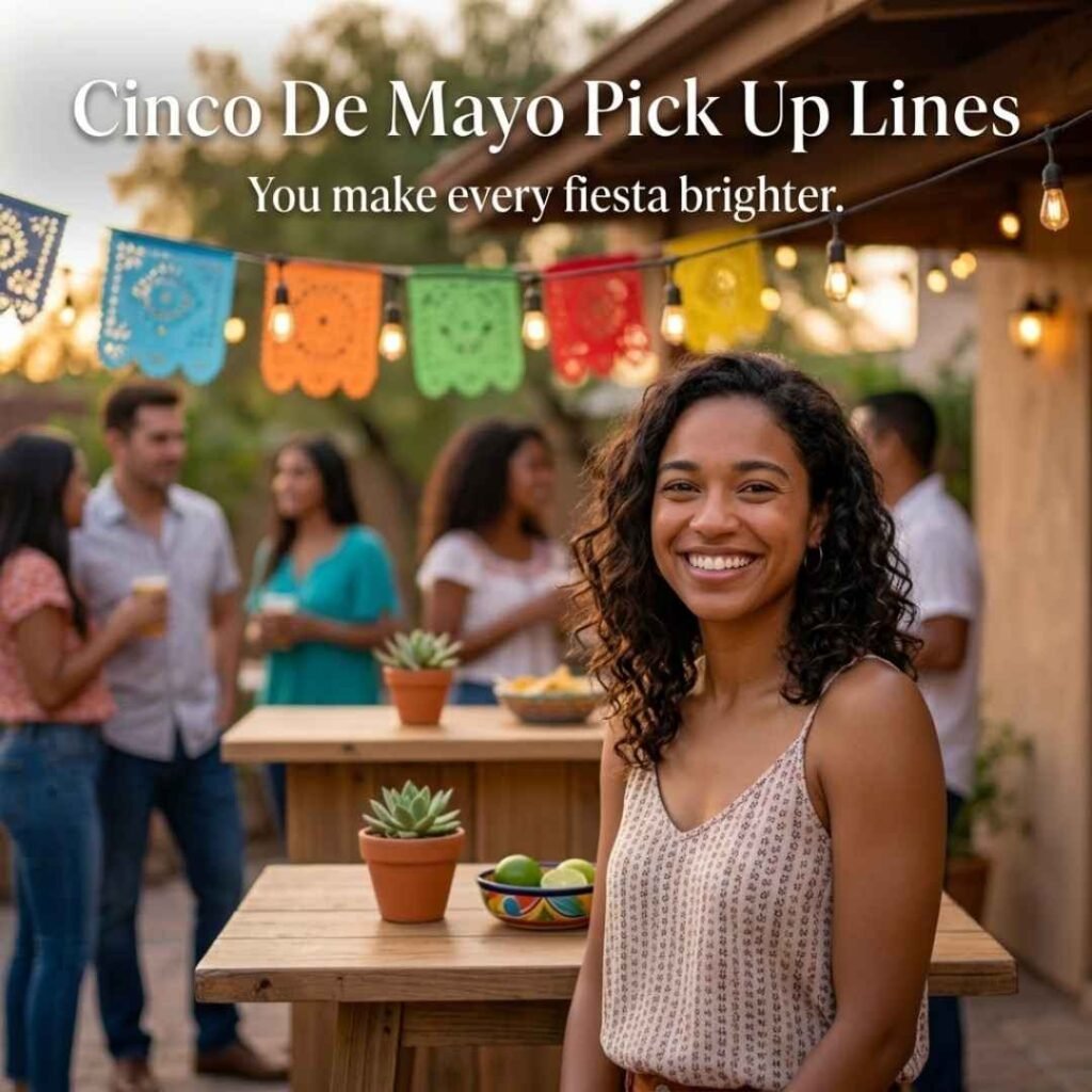 Cinco De Mayo Pick Up Lines featuring a smiling woman at a colorful outdoor celebration with the cute message “You make every fiesta brighter.”