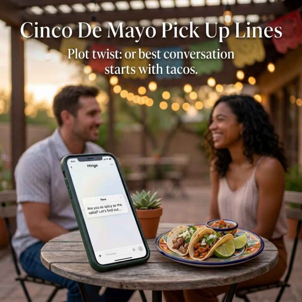 Cinco De Mayo Pick Up Lines and clever Hinge openers shown with a smartphone, tacos, and a friendly conversation at a festive café.