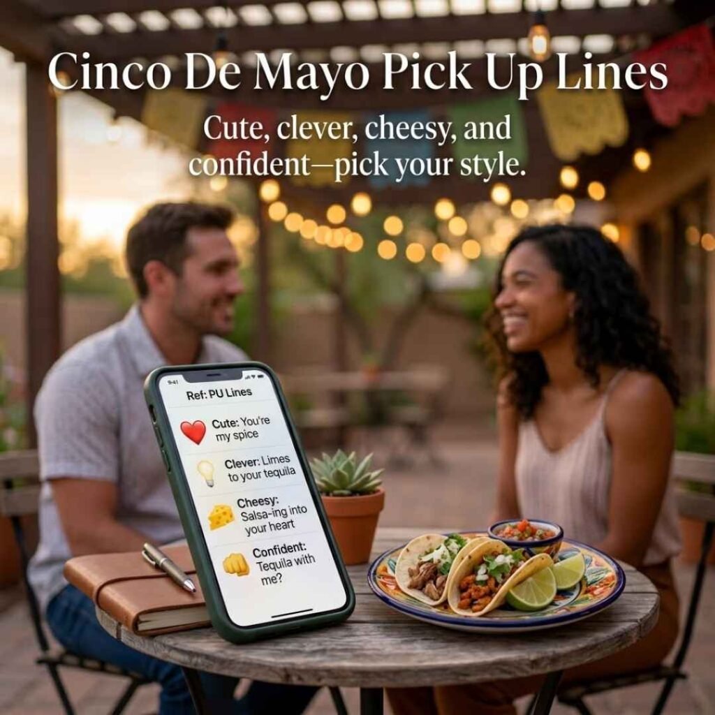 Cinco De Mayo Pick Up Lines quick reference image showing a notebook, smartphone, tacos, and a message about choosing the best pickup line style.