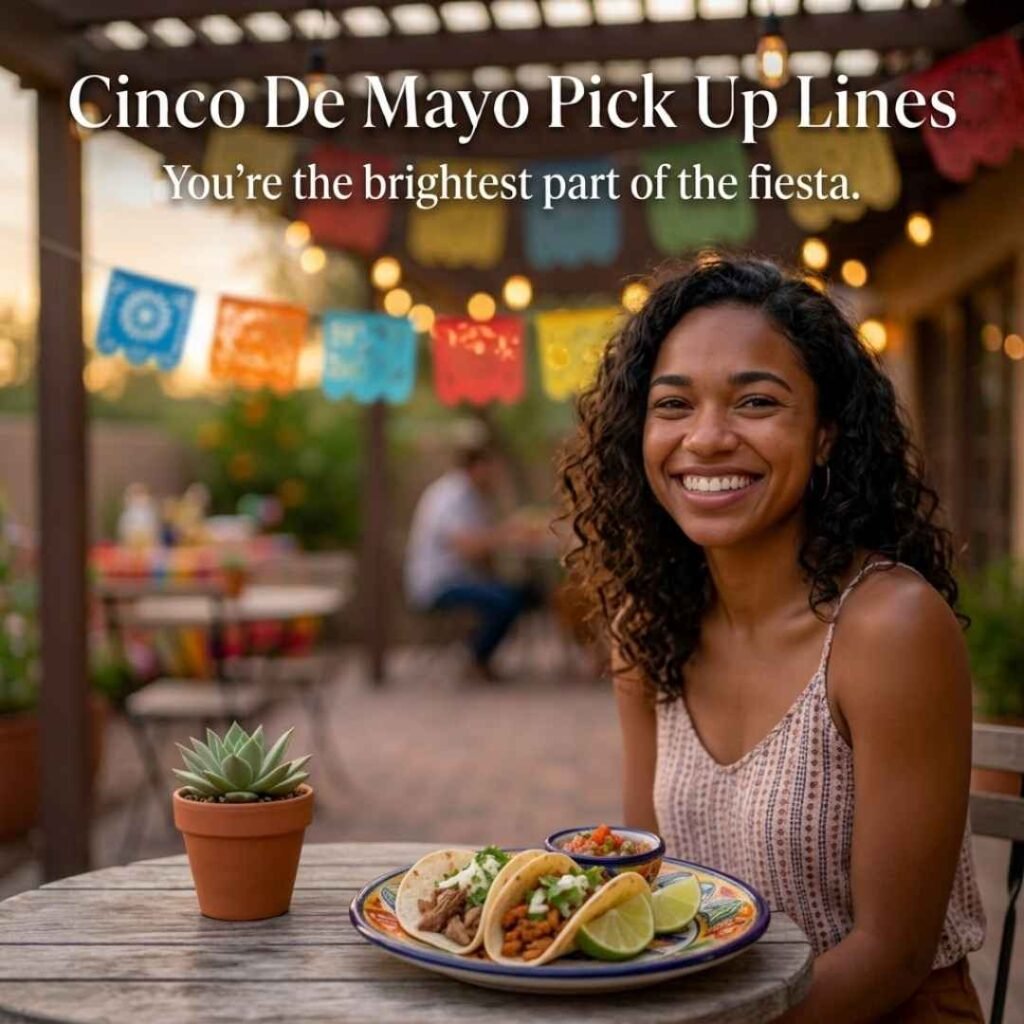 Cinco De Mayo Pick Up Lines for Her featuring a smiling woman at a festive Cinco de Mayo celebration with a cheerful romantic-style message.