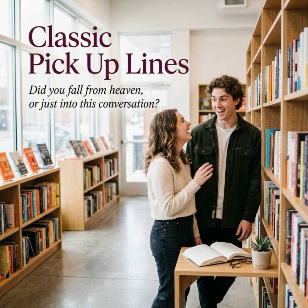 Classic Pick Up Lines image featuring a playful bookstore conversation inspired by the classic “fell from heaven” pickup line.