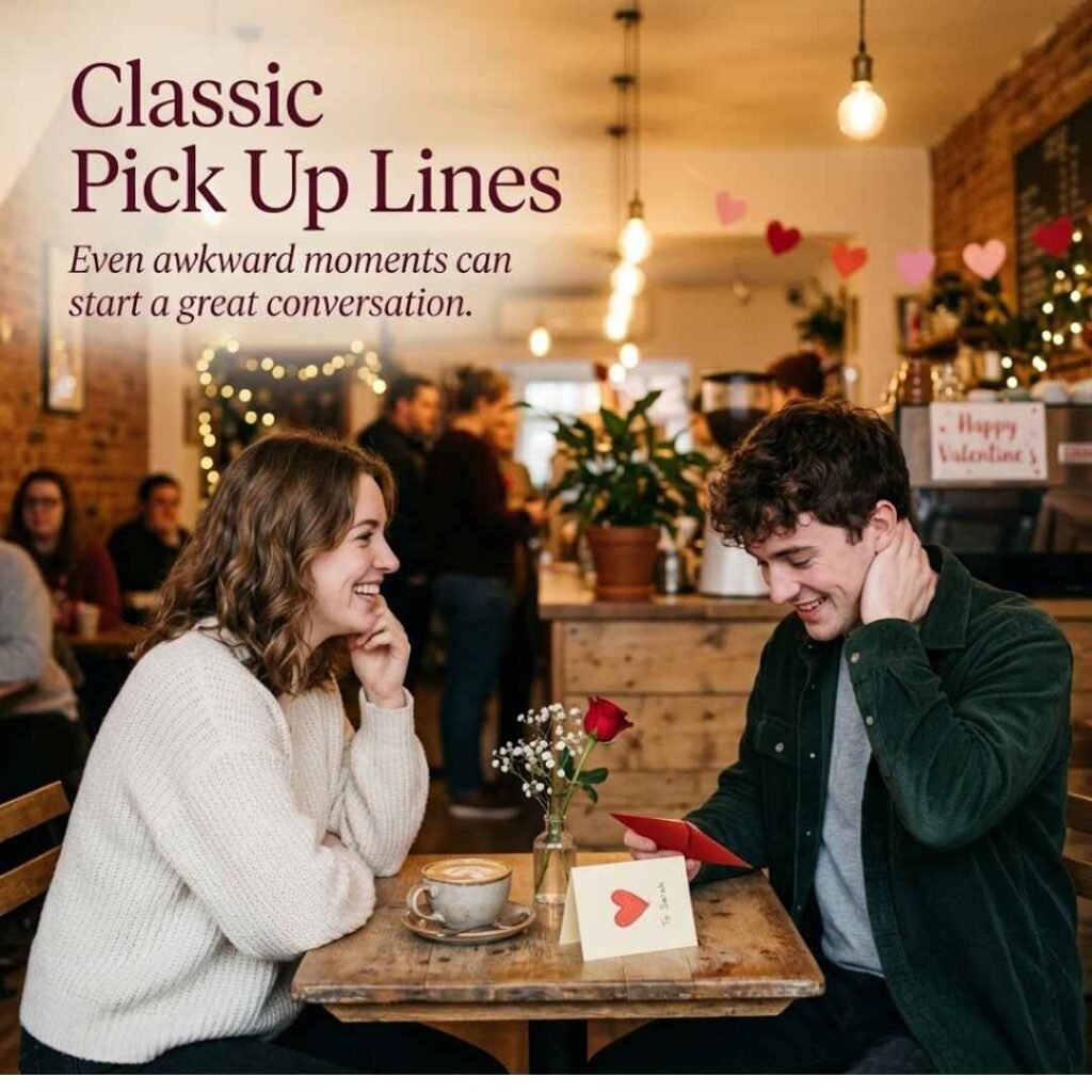Classic Pick Up Lines image showing two people sharing an awkward but friendly Valentine’s conversation in a cozy café.