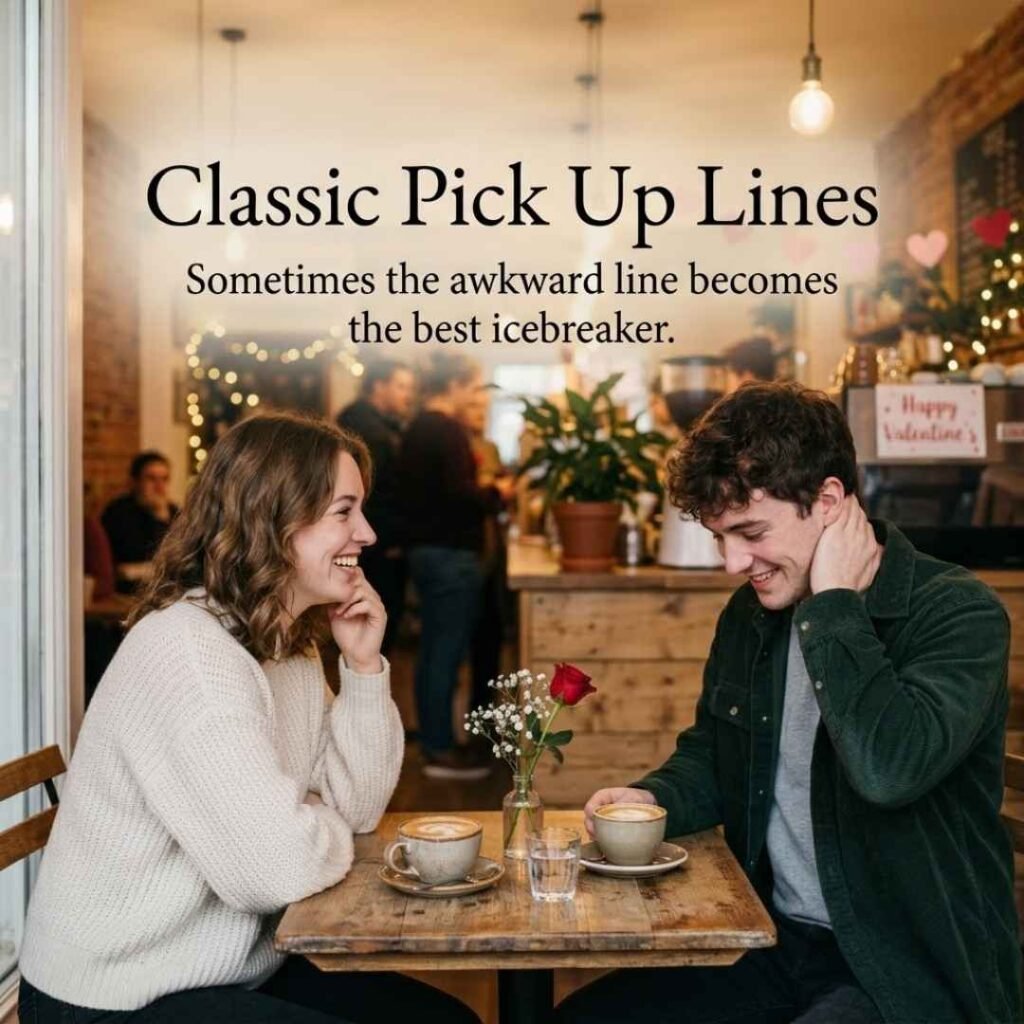 Classic Pick Up Lines image showing an awkward but friendly conversation between two people in a modern coffee shop.